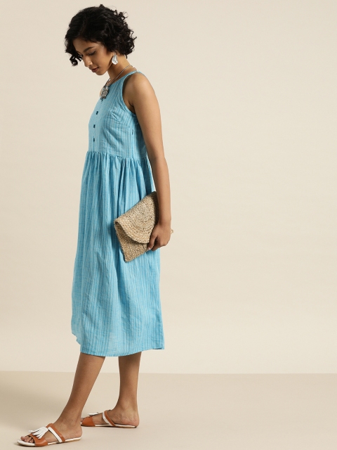 

Taavi Women Blue & White Striped Woven Legacy A-Line Sustainable Dress with Insert Pockets