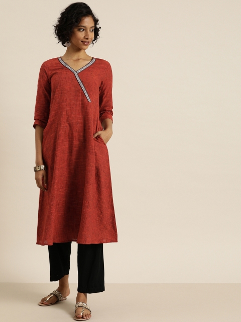 

Taavi Women Rust Red Woven Design Woven Legacy A-Line Sustainable Kurta With Insert Pockets