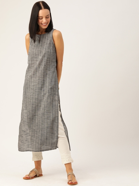

Taavi Women Grey Striped Woven Legacy Straight Sustainable Kurta With Keyhole Neck