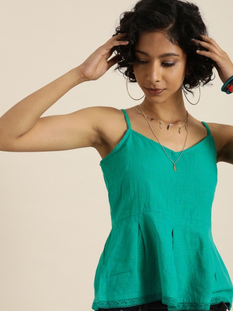 

Taavi Women Turquoise Blue Woven Legacy Solid A-Line Sustainable Top With Lace Inserts