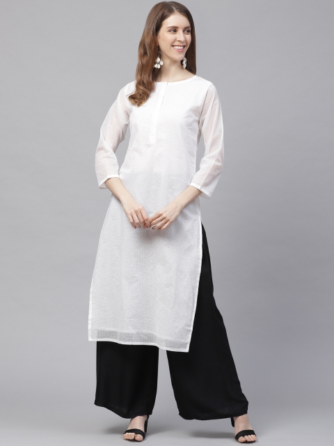 

TJORI Women White Solid Kota Cotton Handcrafted Straight Kurta