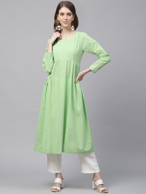 

TJORI Women Green Solid Handcrafted A-Line Kurta