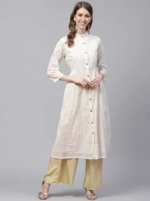 

TJORI Women Off-White Solid Kota Cotton Handcrafted A-Line Kurta