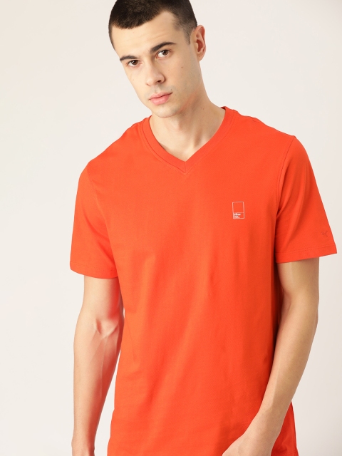 

ether Men Orange Solid V-Neck Non-Fading Hi-IQ T-Shirt