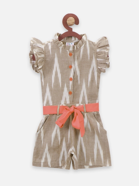 

LilPicks Girls Beige & White Ikat Printed Playsuit