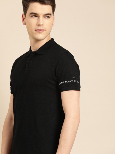 

ether Men Black Solid Polo Collar T-shirt with Printed Detail
