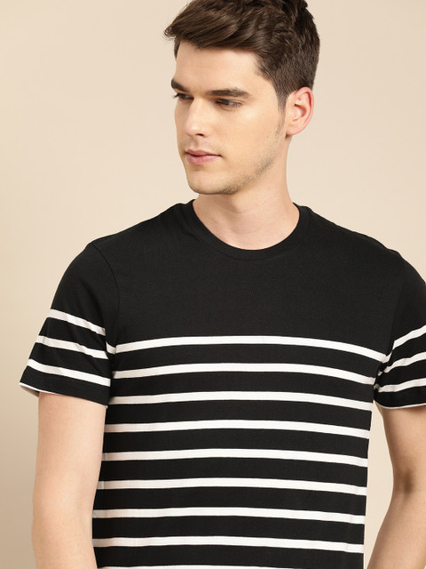 

ether Men Black White Striped Round Neck Pure Cotton T-shirt