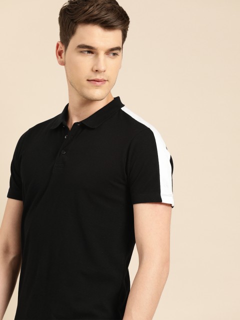 

ether Men Black Solid Polo Collar T-shirt with Panelled Sleeves