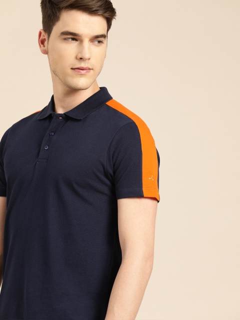 

ether Men Navy Blue Solid Polo Collar Pure Cotton T-shirt with Panelled Sleeves