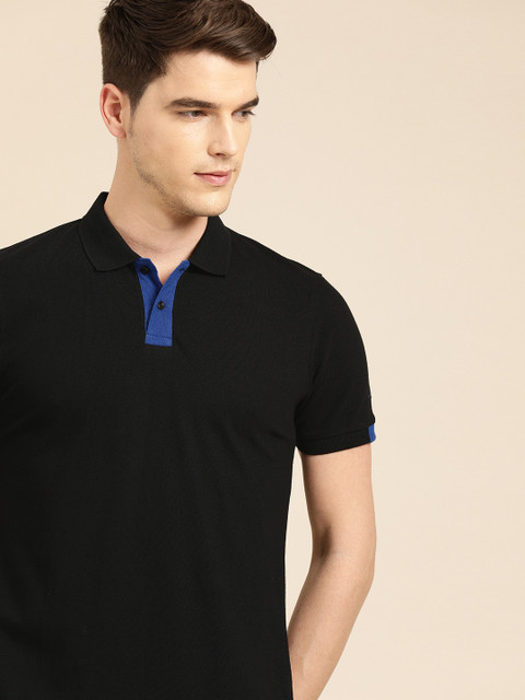 

ether Men Black Solid Polo Collar T-shirt