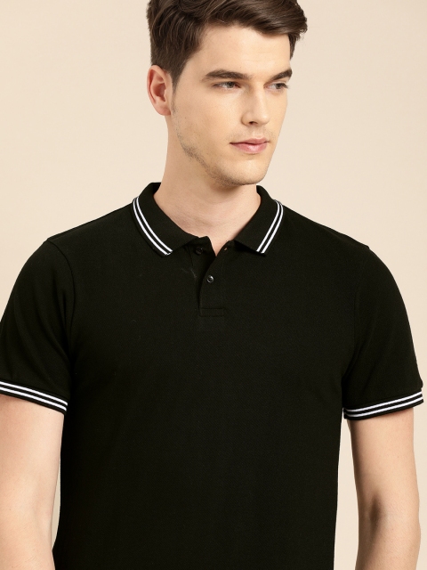 

ether Men Black Solid Polo Collar T-shirt with Printed Detail