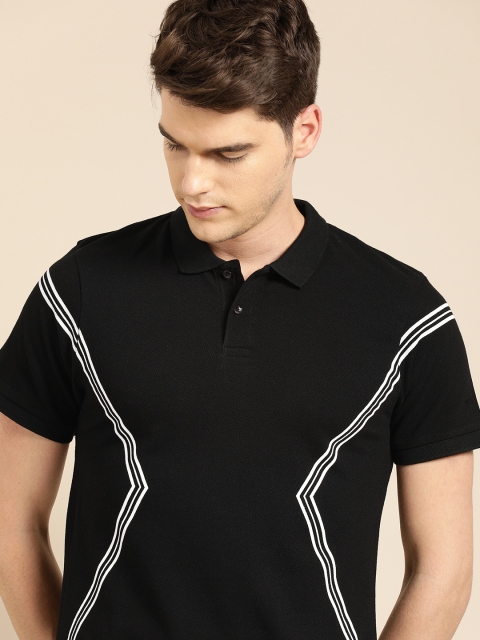 

ether Men Black Solid Polo Collar Pure Cotton T-shirt with Printed Detail
