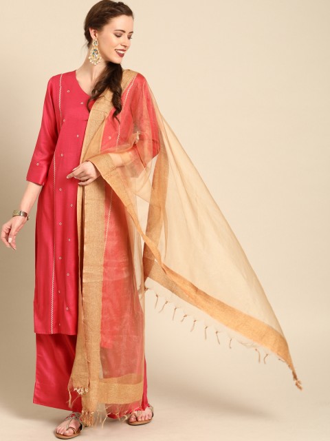 

Varanga Women Coral Pink & Beige Embroidered Kurta with Palazzos & Dupatta