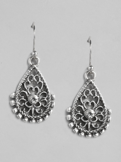 

Accessorize Silver-Toned Crystal Oxidised Teardrop Shaped Drop Earrings