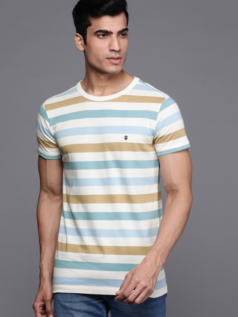 

Louis Philippe Jeans Men Off-White & Blue Striped Round Neck T-shirt