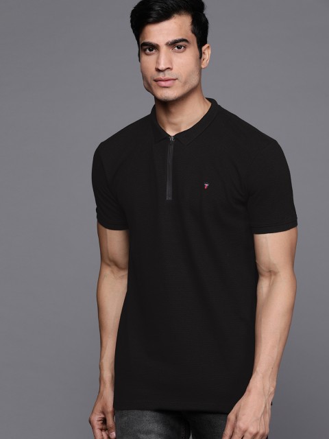 

Louis Philippe Jeans Men Black Self Design Polo Collar T-shirt