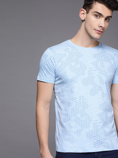 

Louis Philippe Jeans Men Blue Printed Slim Fit Round Neck Pure Cotton T-shirt