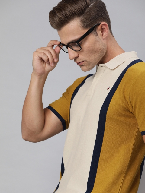 

Louis Philippe Sport Men Beige Mustard Yellow Colourblocked Slim Fit Polo Collar Pure Cotton T-shirt