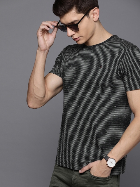

Louis Philippe Jeans Men Black & Off-White Striped Slim Fit Round Neck T-shirt