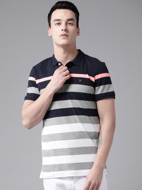 

Louis Philippe Sport Men Navy Blue & Grey Melange Striped Polo Collar T-shirt