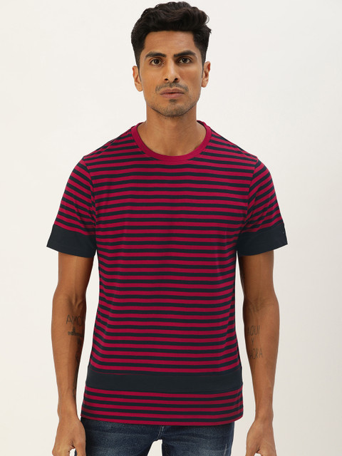 

ether Men Red & Navy Blue Striped Round Neck T-shirt