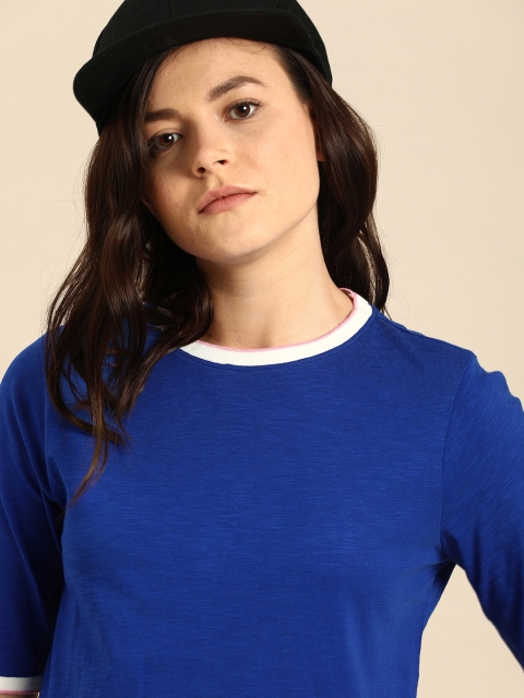 

ether Women Blue Solid Round Neck T-shirt