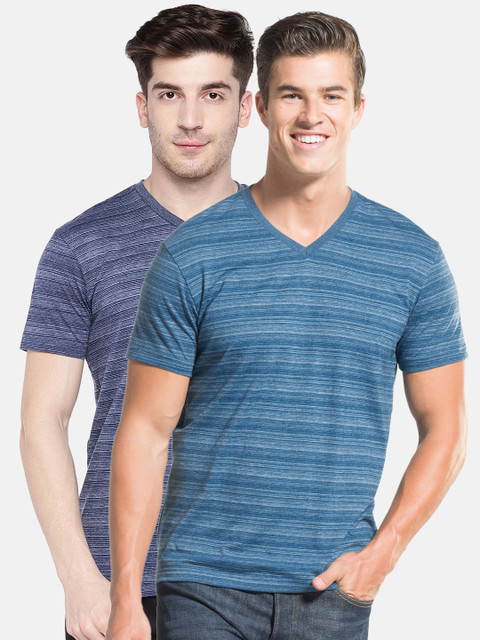 

Jockey Men Pack of 2 Blue Striped V-Neck Pure Cotton T-shirts