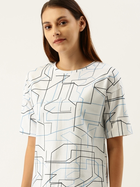 

ether Women White & Black Printed Round Neck T-shirt