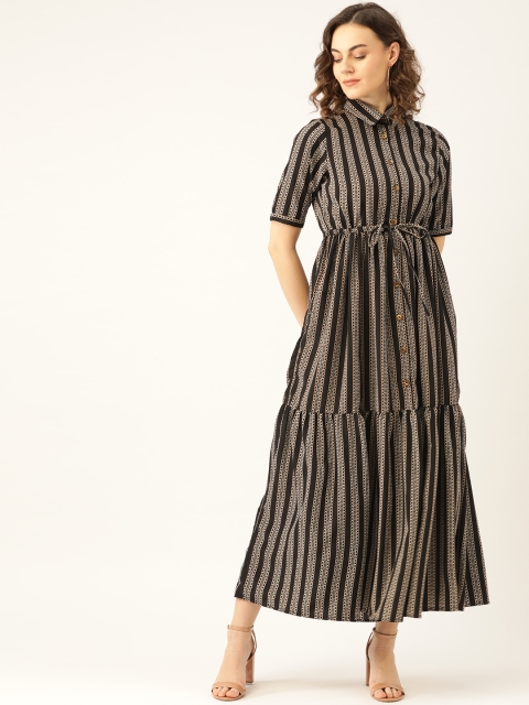 

Madame Women Black & Beige Striped Shirt Maxi Dress