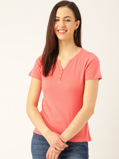

Madame Women Coral Pink Solid Round Neck T-shirt