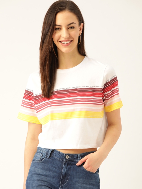 

Madame Women White & Red Striped Round Neck Cropped Boxy T-shirt