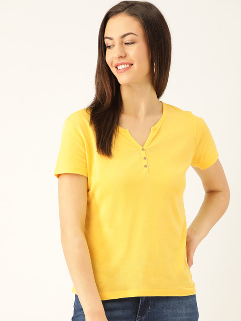 

Madame Women Yellow Solid Round Neck T-shirt