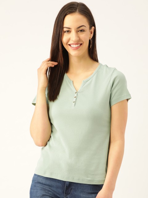 

Madame Women Green Solid Round Neck T-shirt