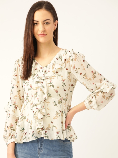 

Madame Women Off-White & Green Printed Semi-Sheer A-Line Top