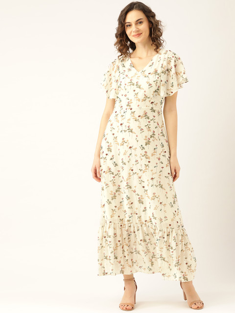 

Madame Women Off-White & Green Floral Print Maxi Dress