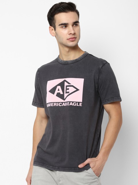 

AMERICAN EAGLE OUTFITTERS Men Black Printed Round Neck Pure Cotton T-shirt