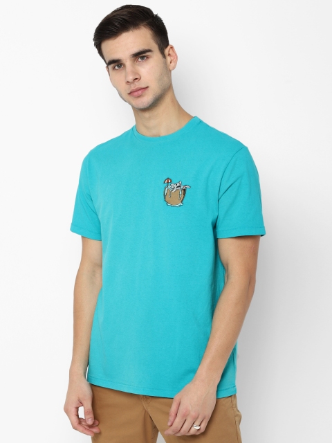 

AMERICAN EAGLE OUTFITTERS Men Turquoise Blue Solid Round Neck Pure Cotton T-shirt