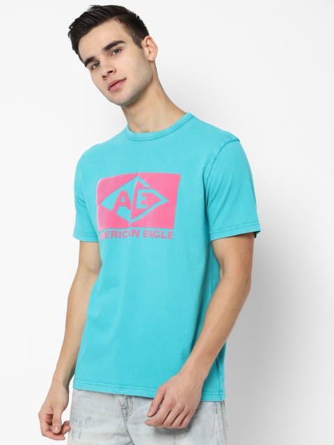 

AMERICAN EAGLE OUTFITTERS Men Blue Pink Embossed Printed Round Neck Pure Cotton T-shirt