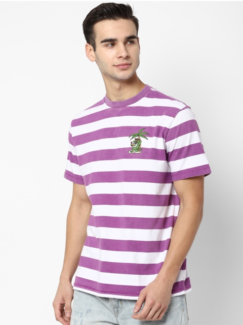 

AMERICAN EAGLE OUTFITTERS Men Purple White Striped Round Neck Pure Cotton T-shirt