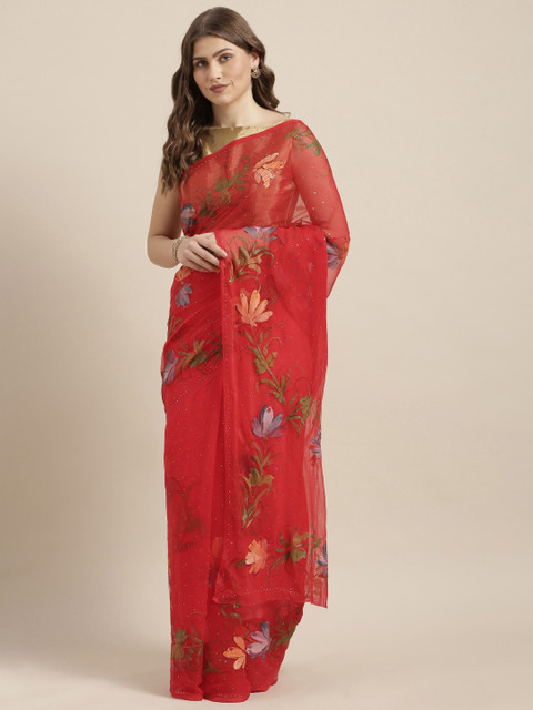 

Geroo Jaipur Red & Blue Hand Painted Poly Chiffon Saree with Embellished Detail