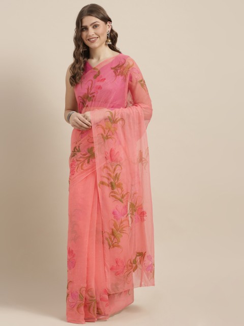 

Geroo Jaipur Pink & Olive Green Hand Painted Poly Chiffon Saree with Embellished Detail