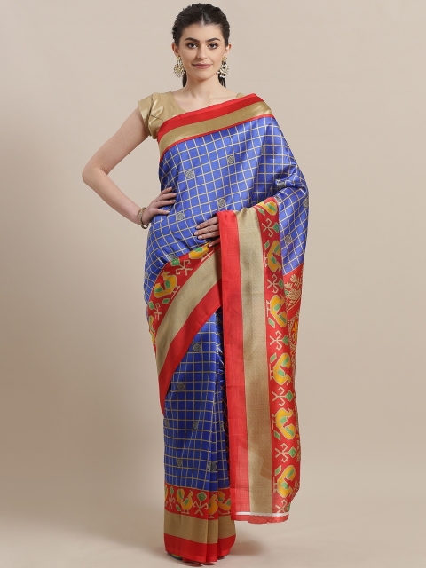 

7Rainbow Blue & Beige Checked Mysore Silk Saree with Printed Detail