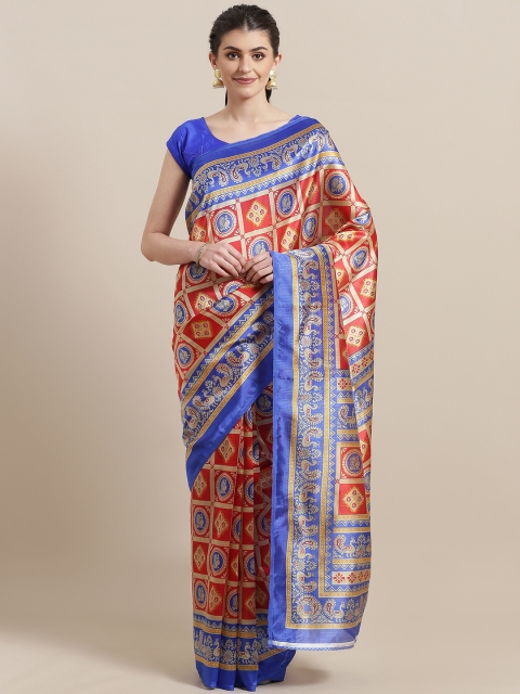 

7Rainbow Red & Beige Checked Mysore Silk Saree with Printed Detail