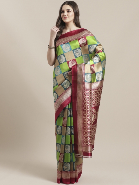 

7Rainbow Blue & Green Checked Mysore Silk Saree with Printed Detail