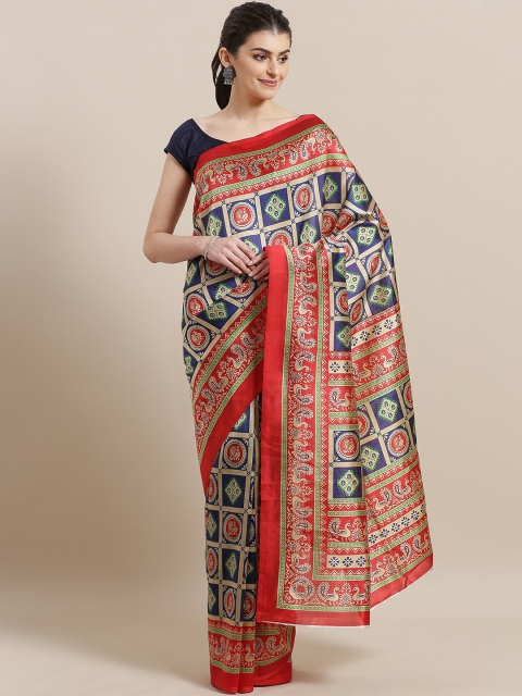 

7Rainbow Navy Blue & Beige Digital Print Mysore Silk Saree
