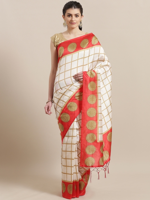 

7Rainbow White & Beige Checked Mysore Silk Saree