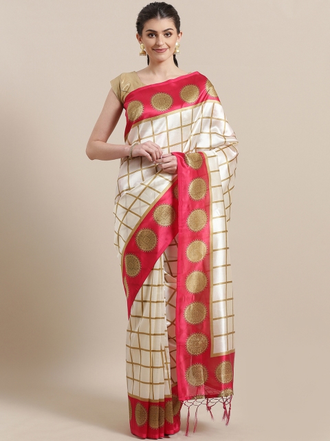 

7Rainbow Off-White & Beige Checked Mysore Silk Saree