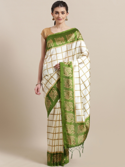 

7Rainbow Off-White & Beige Checked Mysore Silk Saree