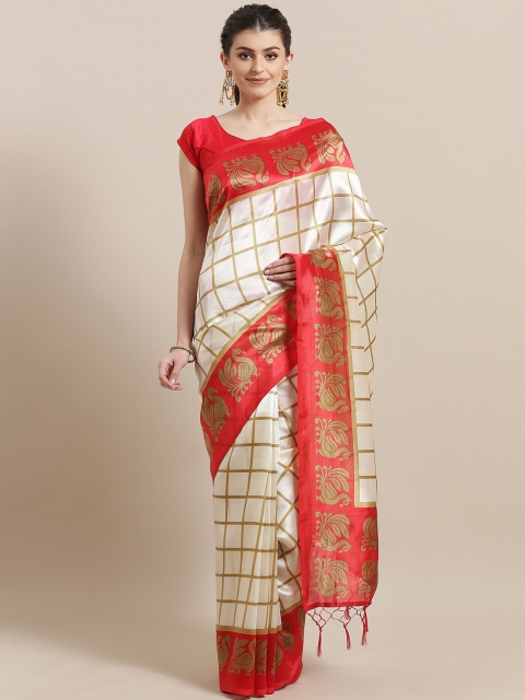 

7Rainbow Off-White & Beige Checked Mysore Silk Saree