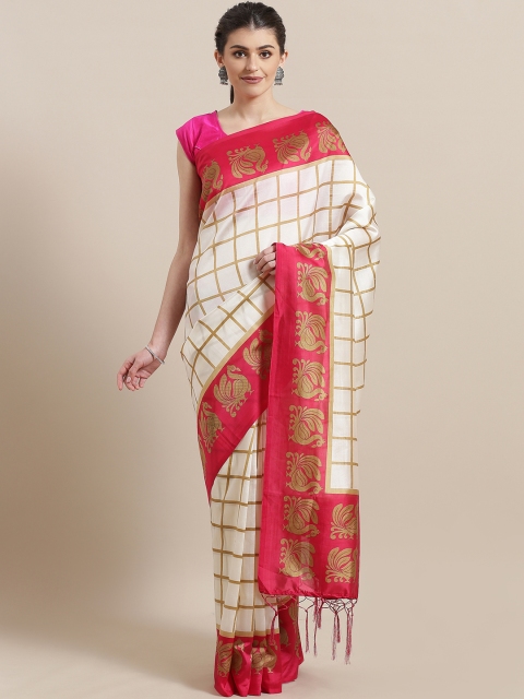 

7Rainbow Off-White & Beige Checked Mysore Silk Saree